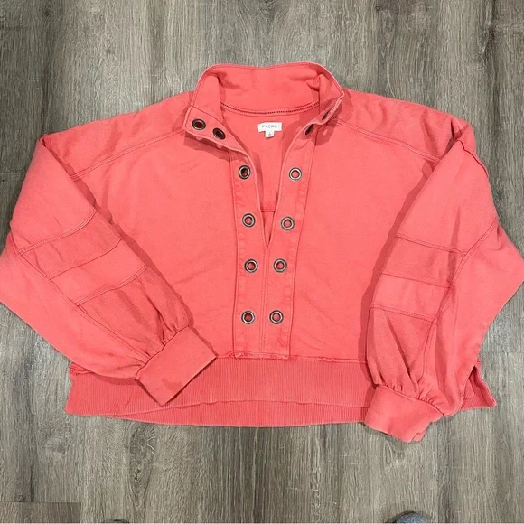 Pilcro Kamrie Pieced Popover Top Red Coral Size Large Oversized Sweatshirt - Picture 5 of 13